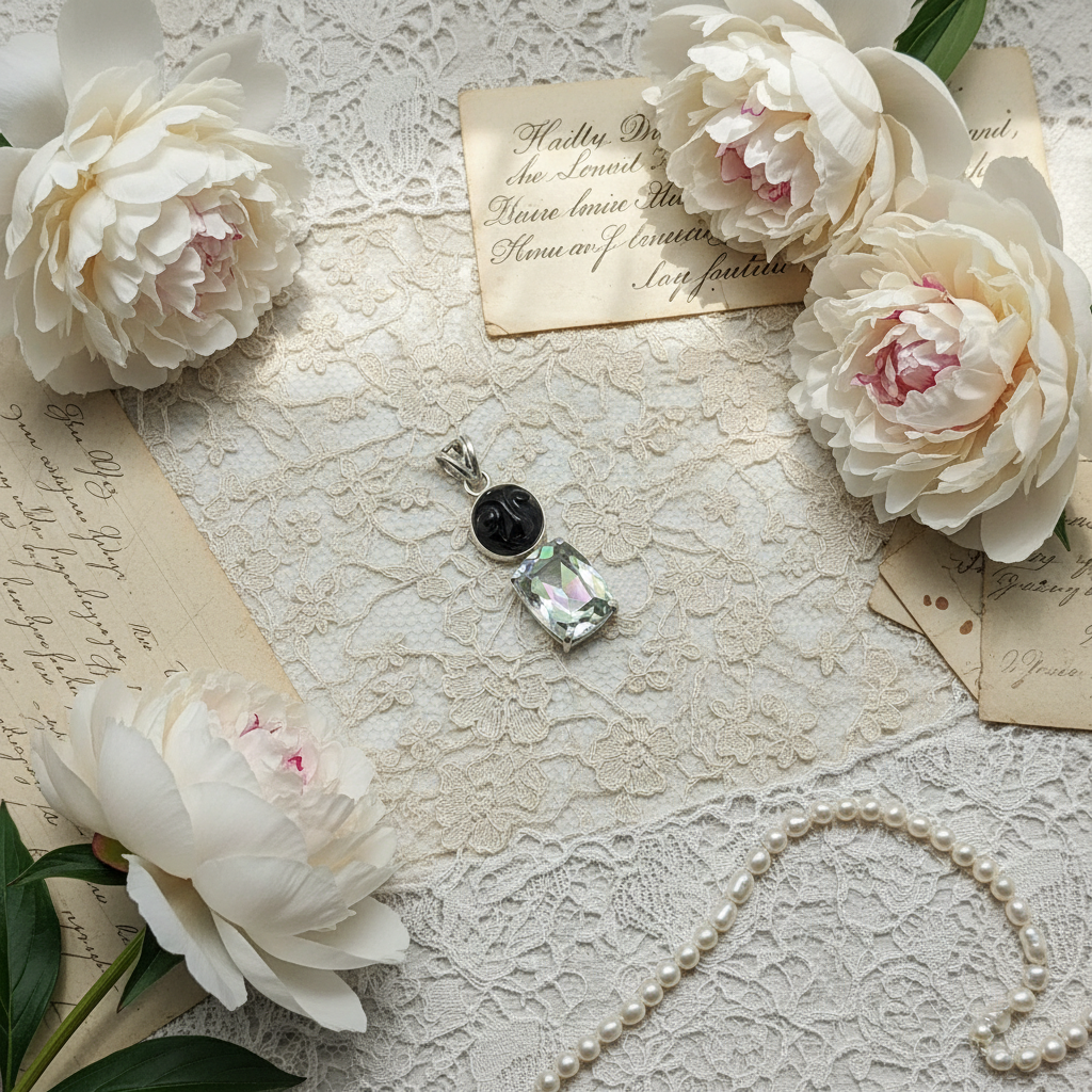 Pendentif en argent véritable avec topaze taillée traitée mystique et pierre de soleil sculptée nacrelune.com pendentif