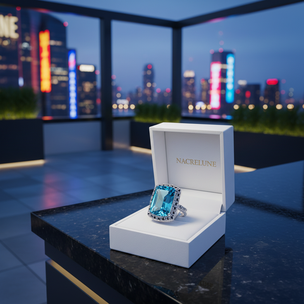 Bague Argent 925 Topaze Bleue Rectangle nacrelune.com Bague