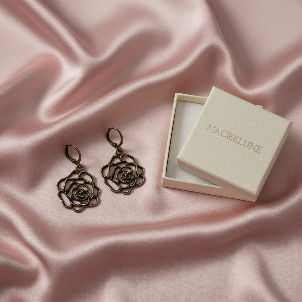 Rose earrings on silk fabric