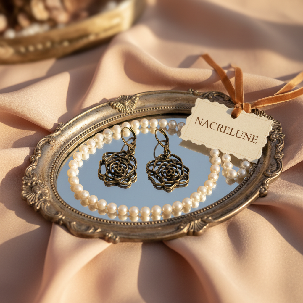 Rose earrings on vintage mirror