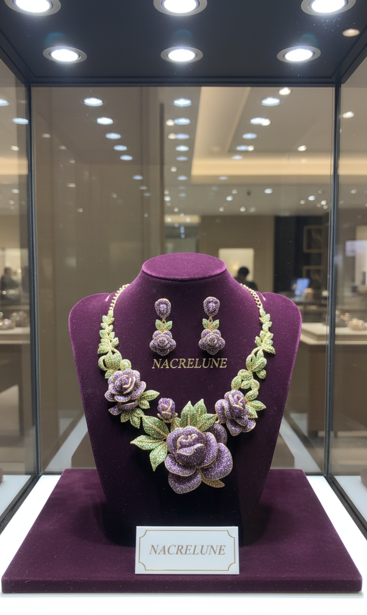 Grande parure en strass représentant des roses mauves