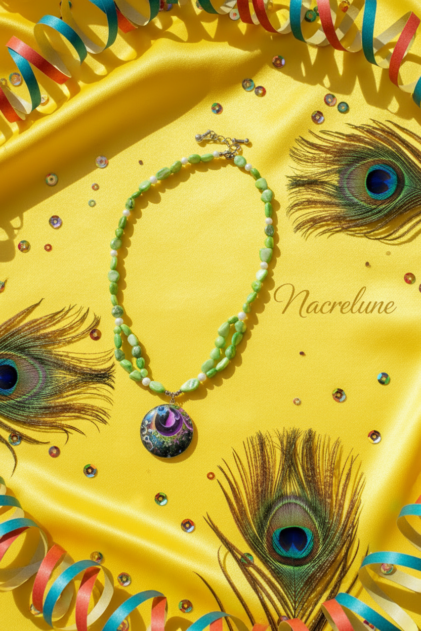 Satin jaune avec plumes de paon