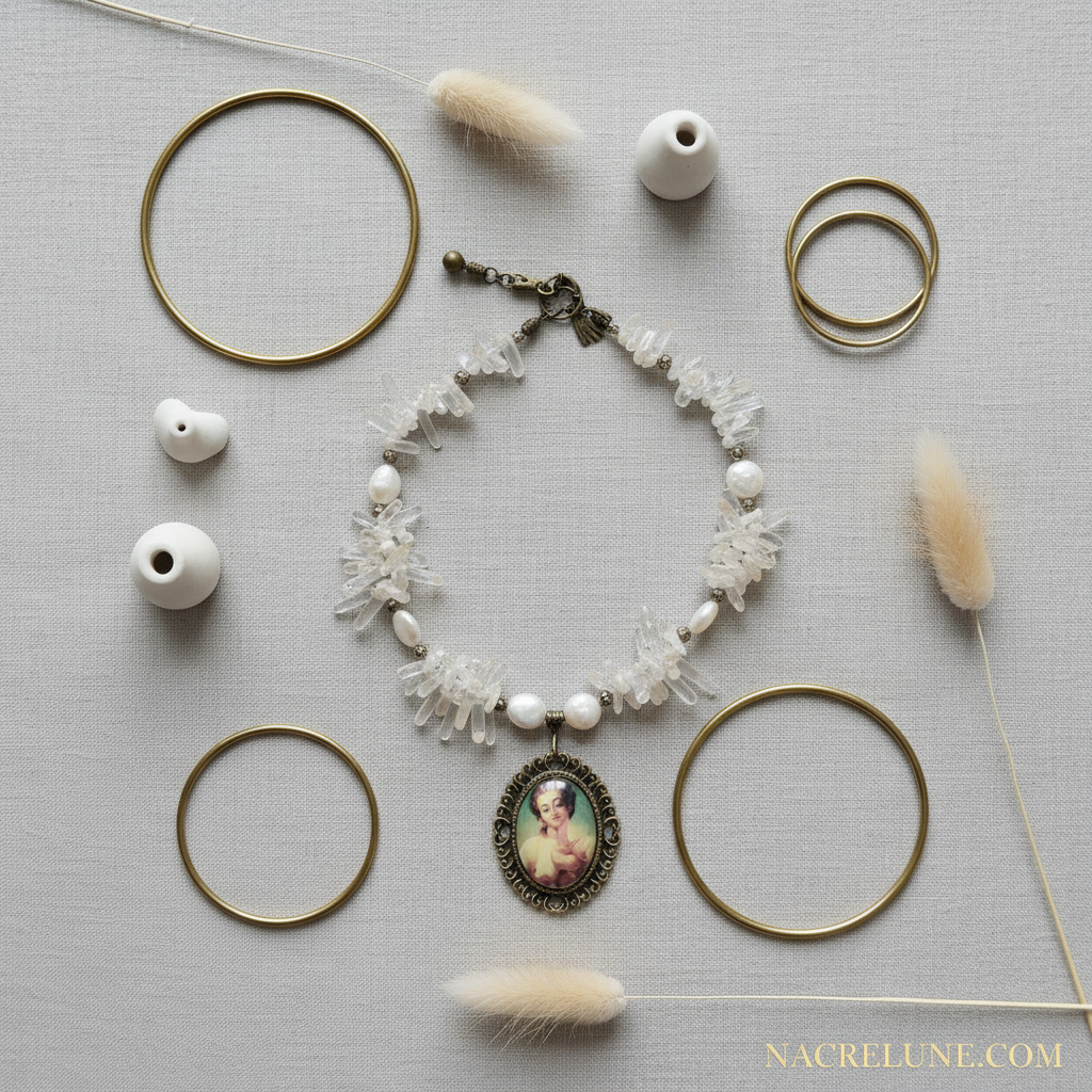 Collier cristal de roche avec camée nacrelune.com collier