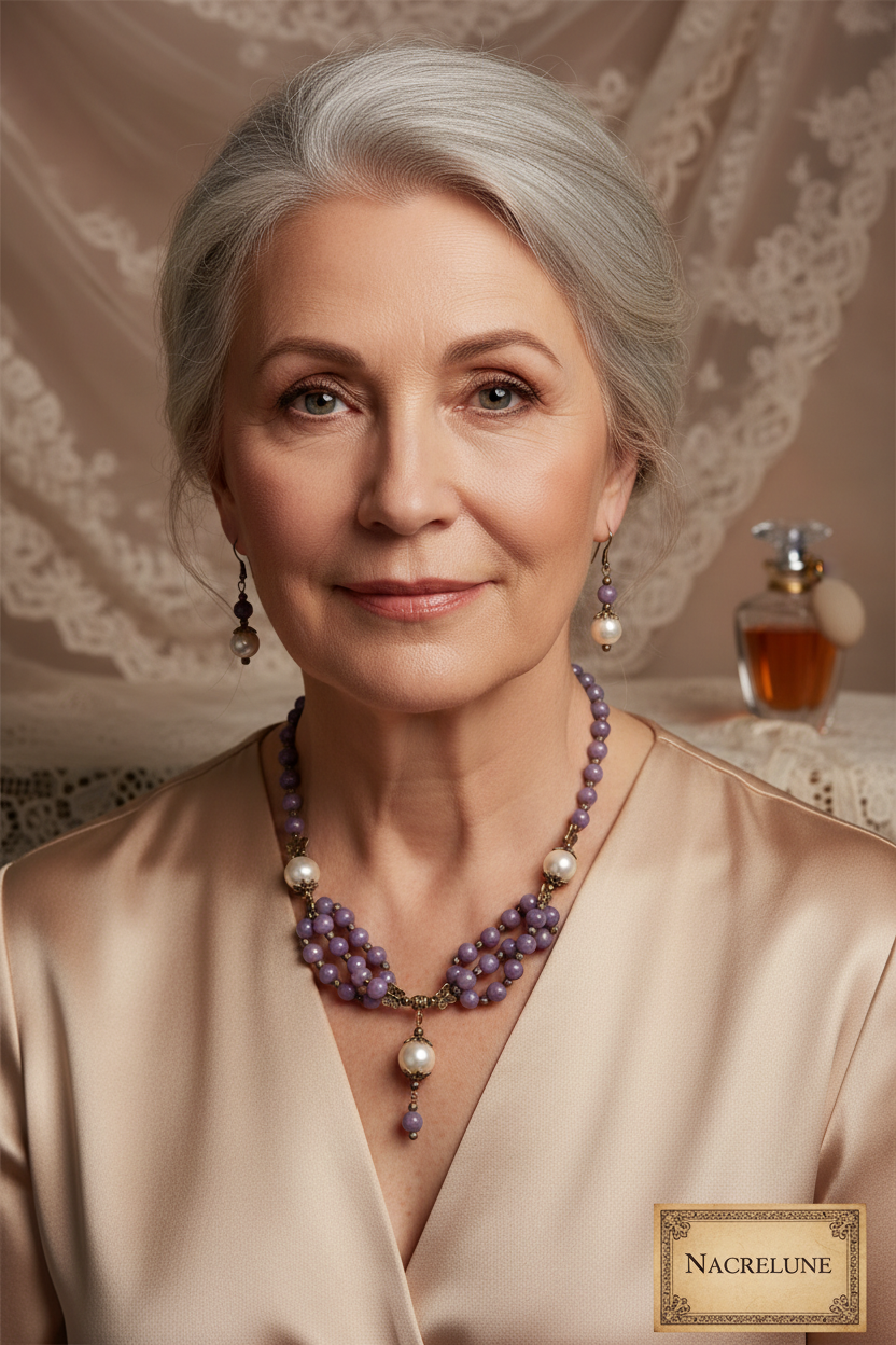 Parure en perles de jades mauves et perles de nacre nacrelune.com parure