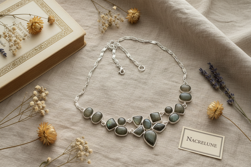 Collier en argent 925 avec labradorites naturelles nacrelune.com collier