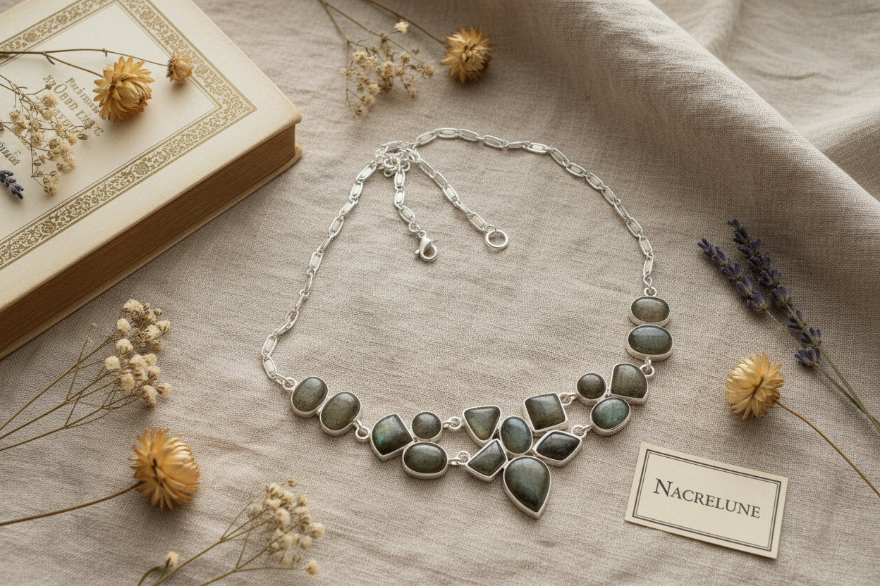 Collier en argent 925 avec labradorites naturelles nacrelune.com collier