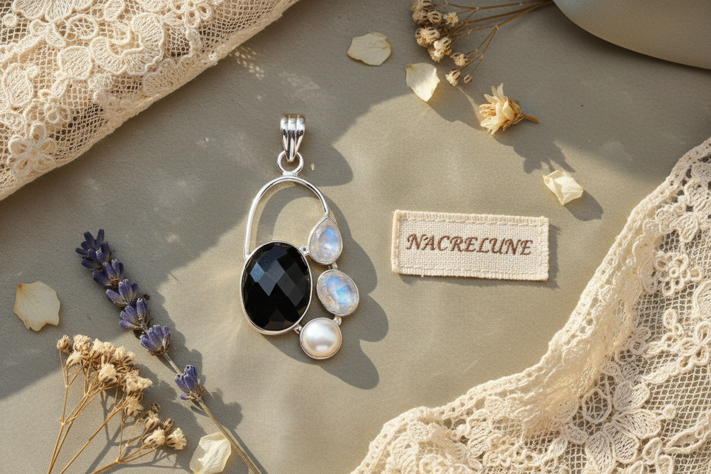 Pendentif en argent 925 avec onyx, perle et pierres de lune nacrelune.com pendentif