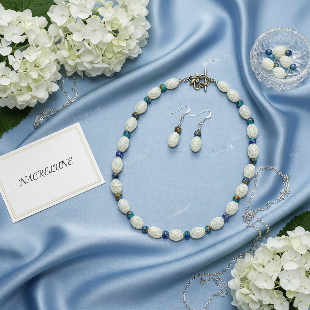 parure en perles de verre dentelle blanche avec millefleurs Multicolore nacrelune.com parure