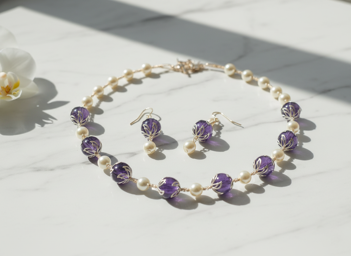 parure perles de nacre et améthystes véritables polies nacrelune.com parure