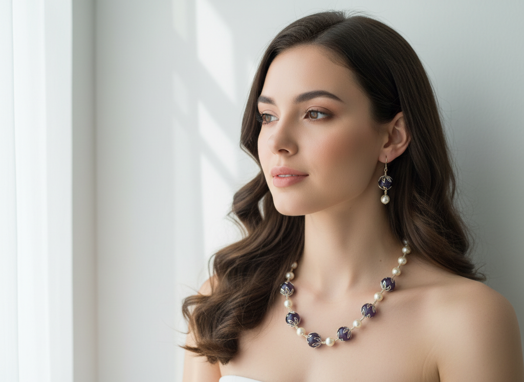 parure perles de nacre et améthystes véritables polies nacrelune.com parure