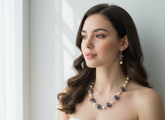 parure perles de nacre et améthystes véritables polies NACRELUNE parure