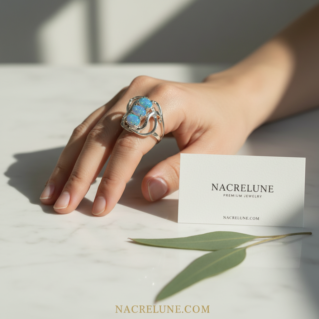 Bague en argent 925 avec opale de feu bleue nacrelune.com Bague