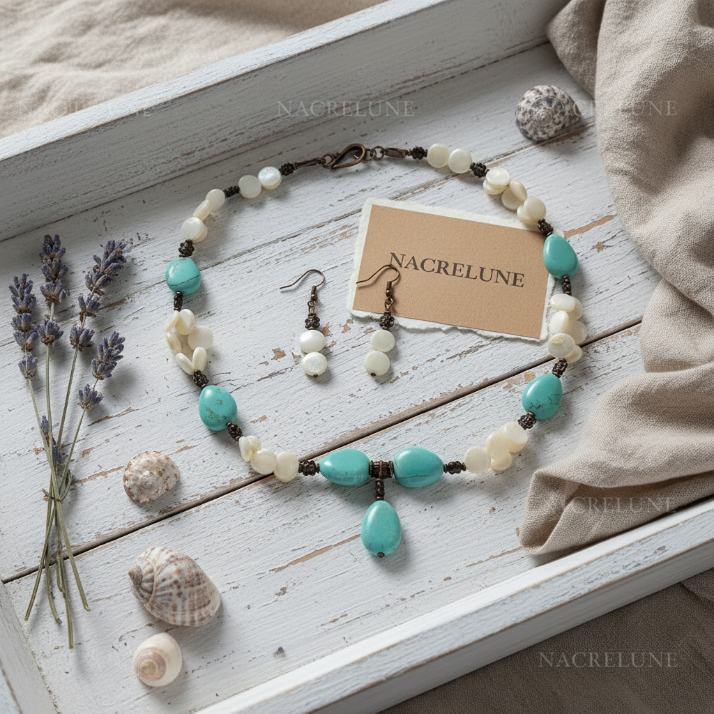 parure en perles pastilles de nacre et perles en turquoise nacrelune.com parure