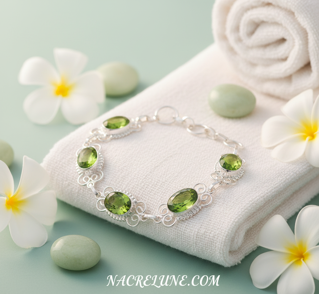Bracelet en argent avec peridots (olivines) nacrelune.com bracelet