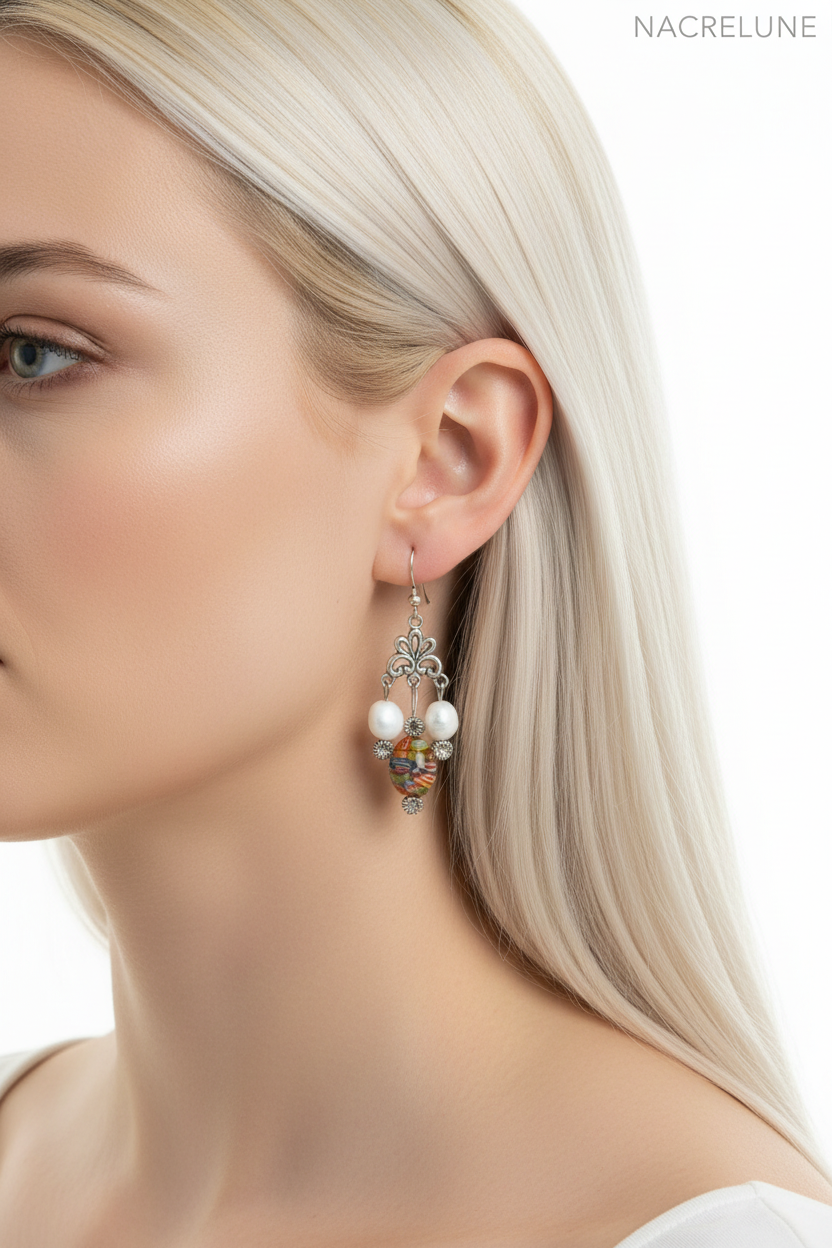 Boucles d'oreille verre millefiori et nacre – Bijou artisanal & éclat vénitien nacrelune.com boucles d'oreille