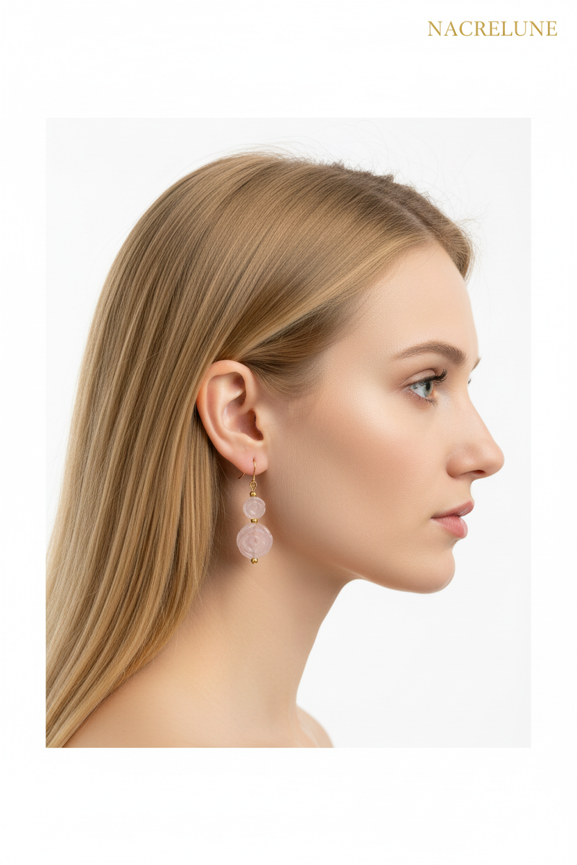 Boucles d'oreille quartz rose en forme de fleurs – Bijou lithothérapie & douceur florale nacrelune.com boucles d'oreille