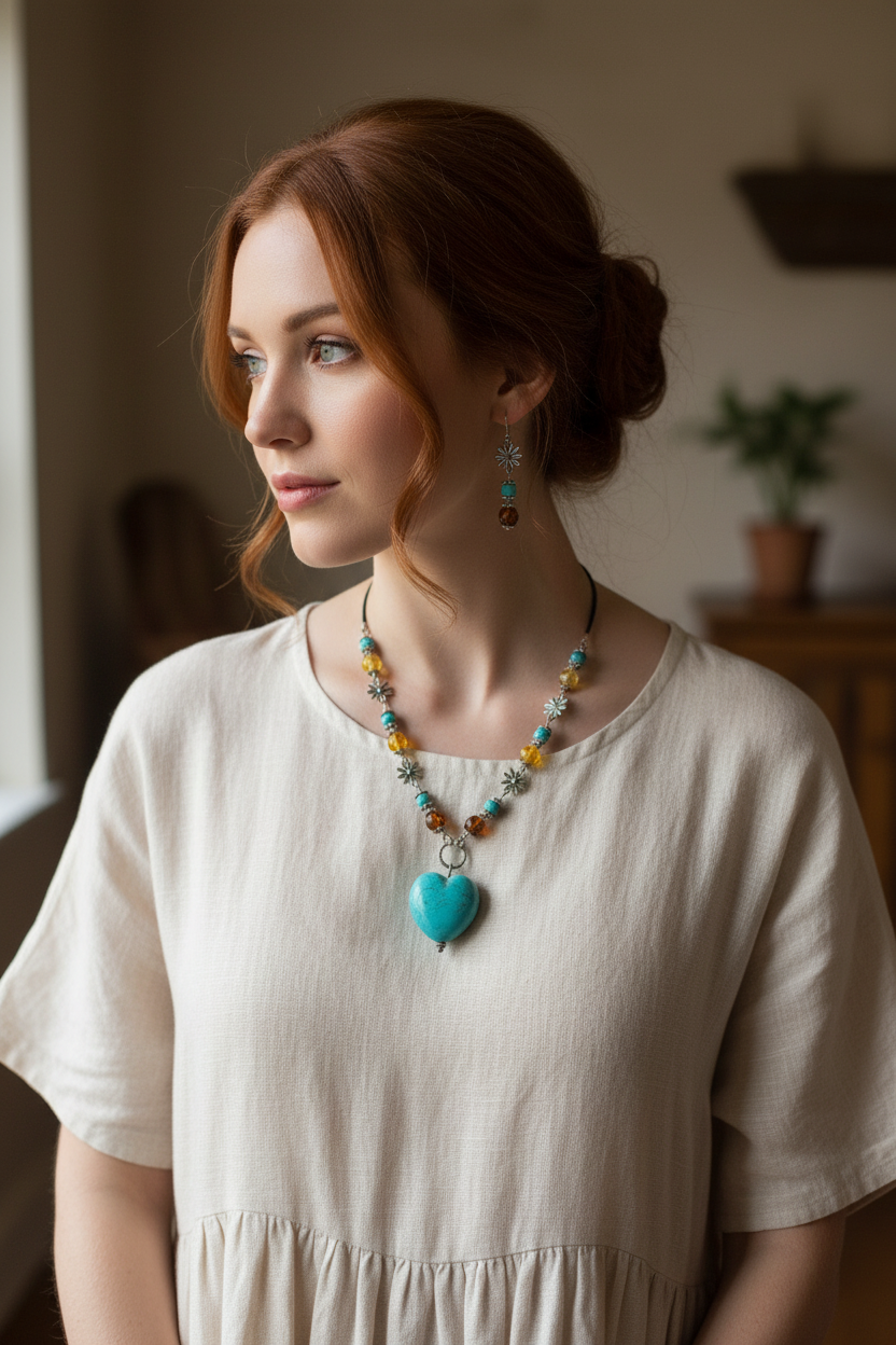 Parure ambre et cœur turquoise NACRELUNE parure