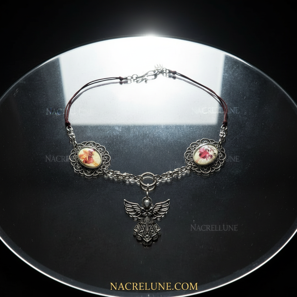Collier fait de petits camées représentant un ange et des fées des fleurs nacrelune.com collier