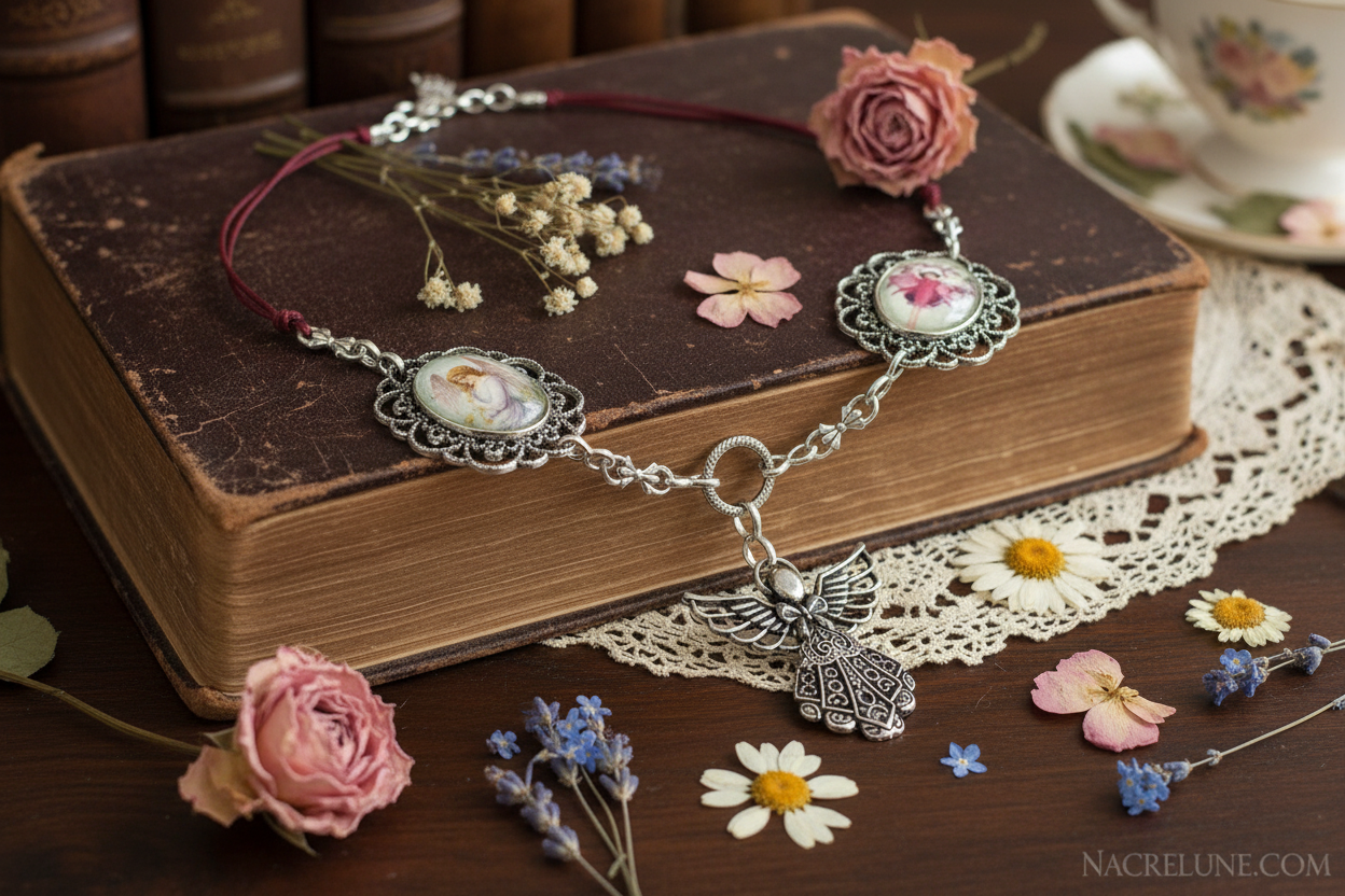 Collier fait de petits camées représentant un ange et des fées des fleurs NACRELUNE collier