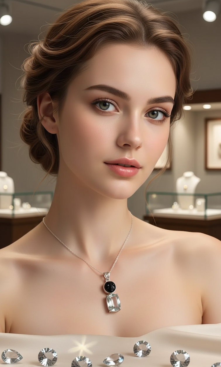 Genuine silver pendant with a mystically treated cut topaz and a carved sunstone