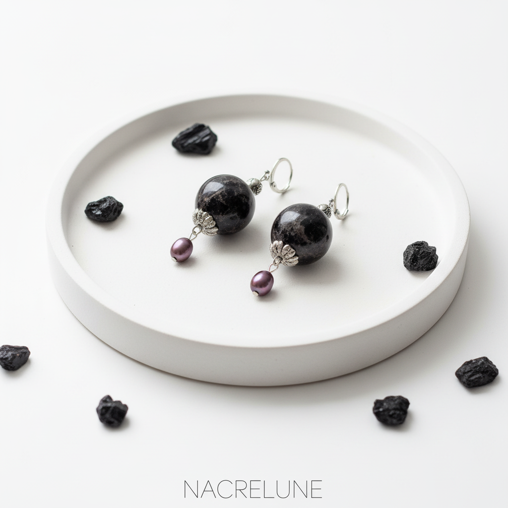 Boucles d'oreille Tourmaline Noire & Perle de Culture – Pierre Naturelle | NACRELUNE nacrelune.com boucles d'oreille
