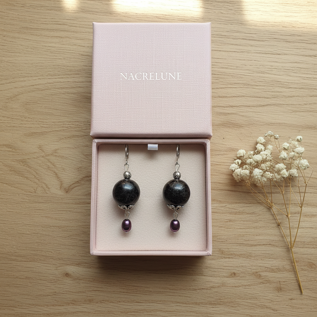 Boucles d'oreille Tourmaline Noire & Perle de Culture – Pierre Naturelle | NACRELUNE nacrelune.com boucles d'oreille