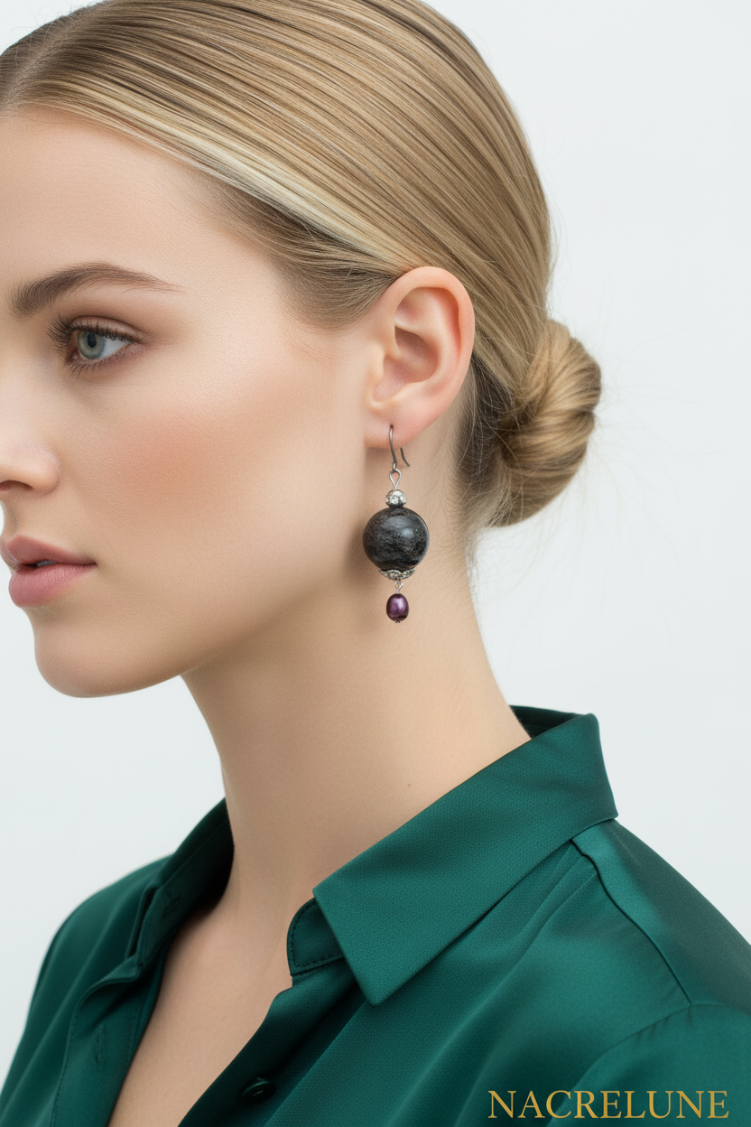 Boucles d'oreille Tourmaline Noire & Perle de Culture – Pierre Naturelle | NACRELUNE nacrelune.com boucles d'oreille