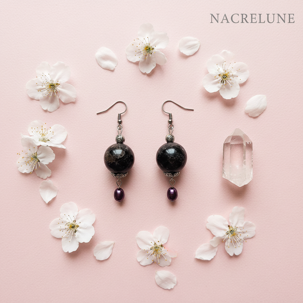 Boucles d'oreille Tourmaline Noire & Perle de Culture – Pierre Naturelle | NACRELUNE nacrelune.com boucles d'oreille