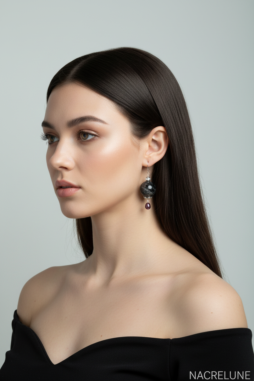 Boucles d'oreille Tourmaline Noire & Perle de Culture – Pierre Naturelle | NACRELUNE nacrelune.com boucles d'oreille