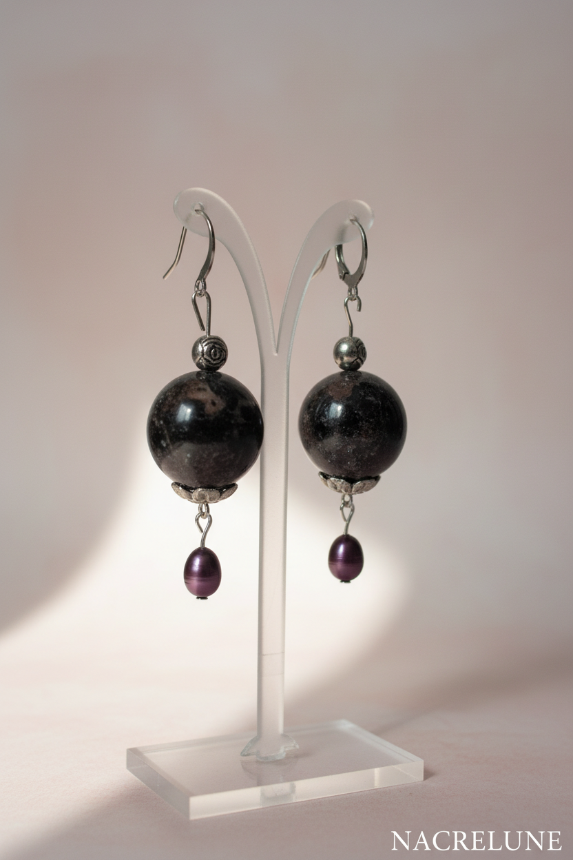 Boucles d'oreille Tourmaline Noire & Perle de Culture – Pierre Naturelle | NACRELUNE nacrelune.com boucles d'oreille