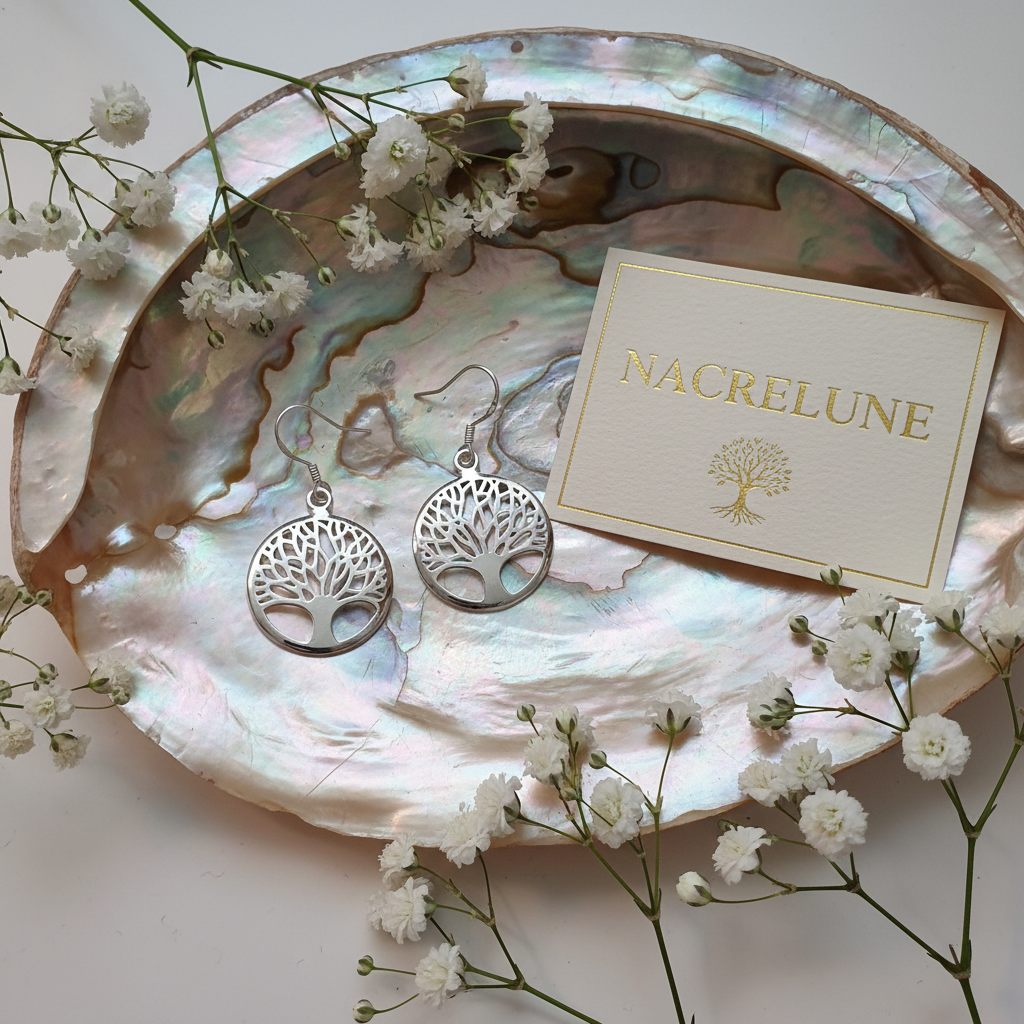 Boucles d'Oreilles en forme d'Arbre de Vie en Argent - Bijou Tendance Spiritualité Nature nacrelune.com boucles d'oreille
