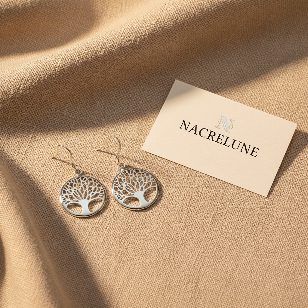 Boucles d'Oreilles en forme d'Arbre de Vie en Argent - Bijou Tendance Spiritualité Nature nacrelune.com boucles d'oreille