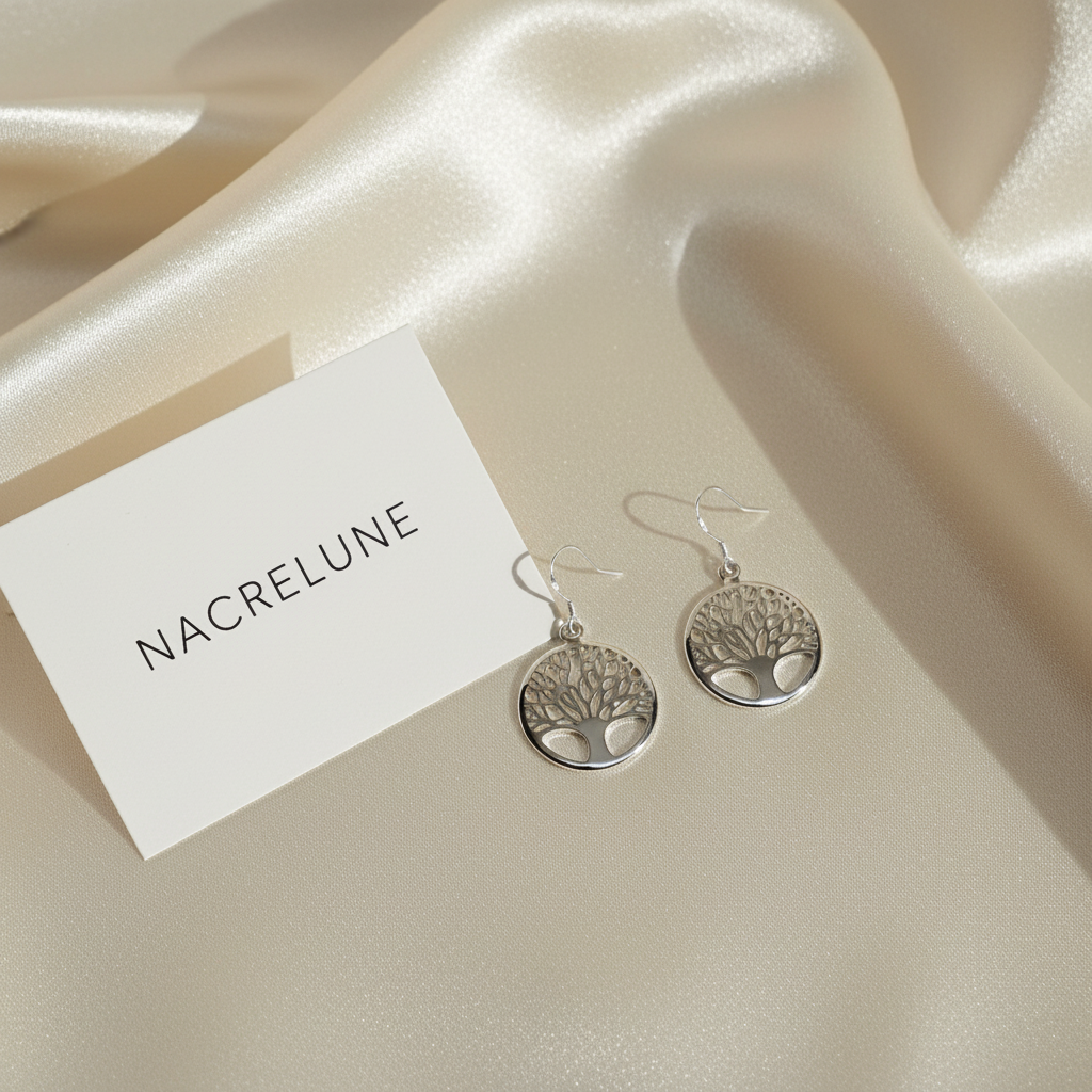 Boucles d'Oreilles en forme d'Arbre de Vie en Argent - Bijou Tendance Spiritualité Nature nacrelune.com boucles d'oreille