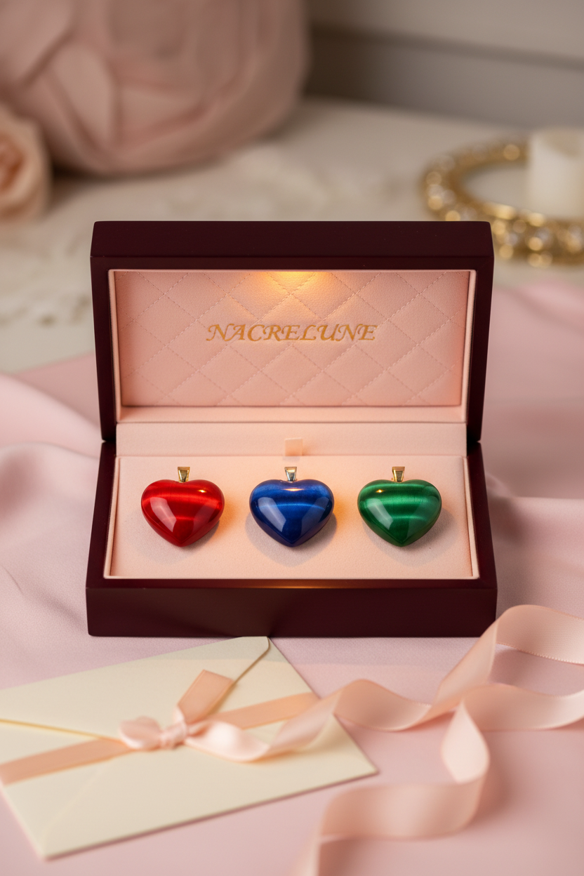 Pendentif en oeil de chat en forme de coeur. nacrelune.com pendentif