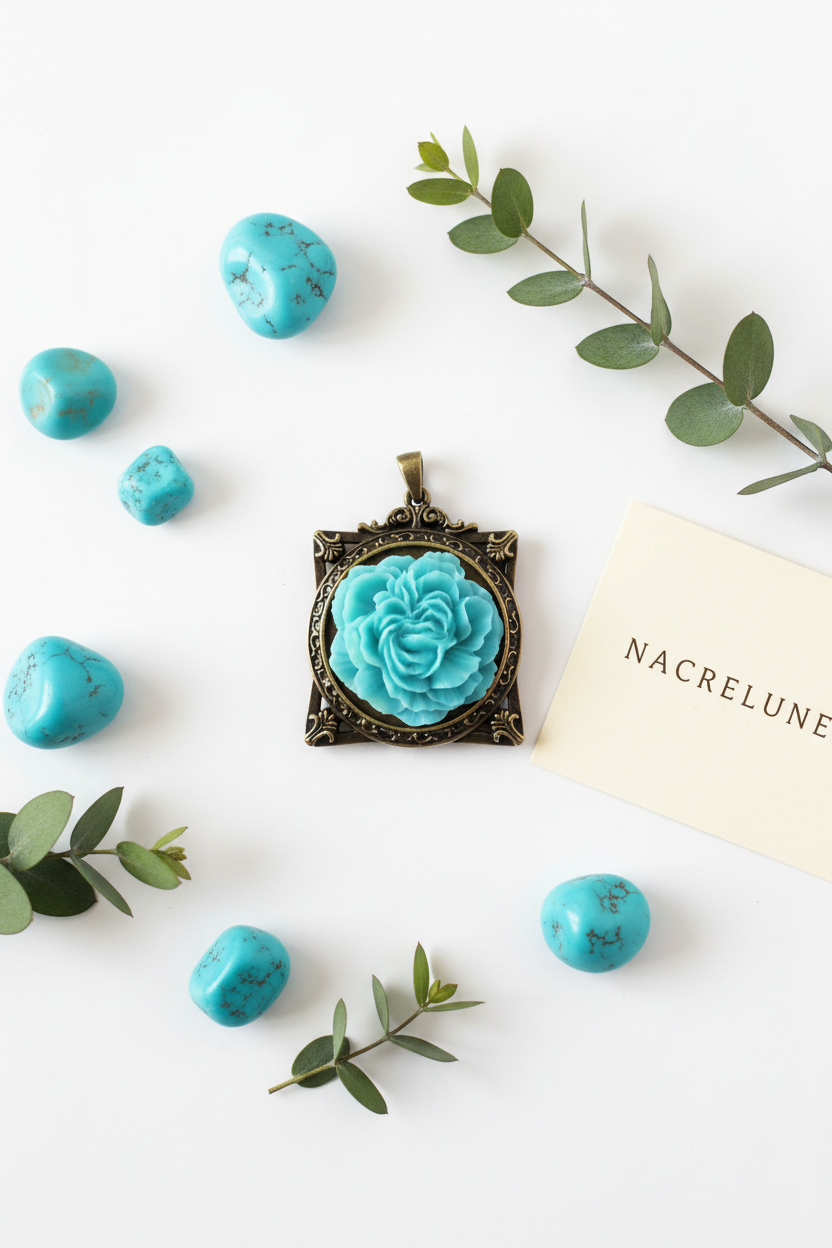 Pendentif cadre avec fleur, choisissez votre couleur Bleu turquoise nacrelune.com pendentif