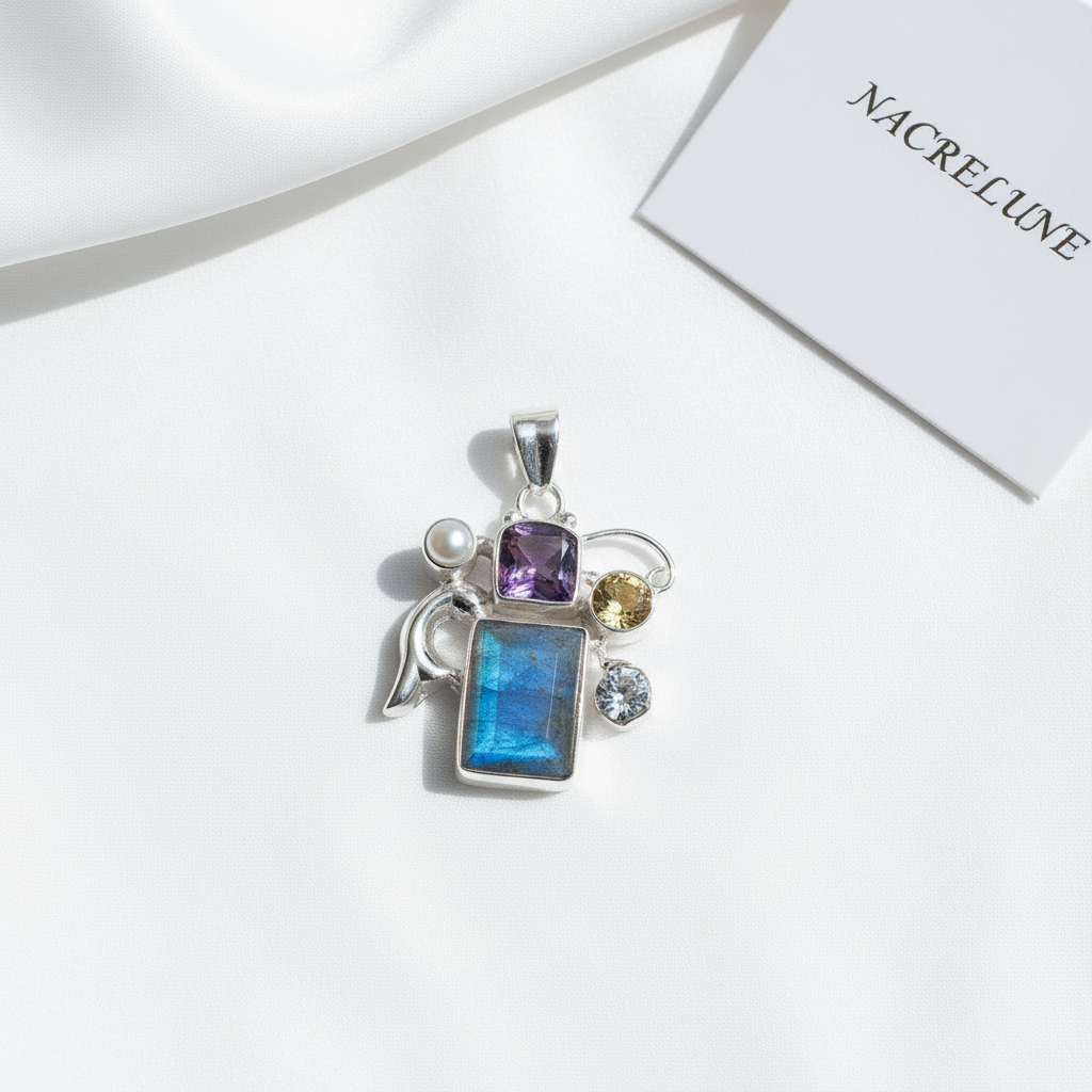 Pendentif en argent 925 avec labradorite, améthyste et citrine nacrelune.com pendentif