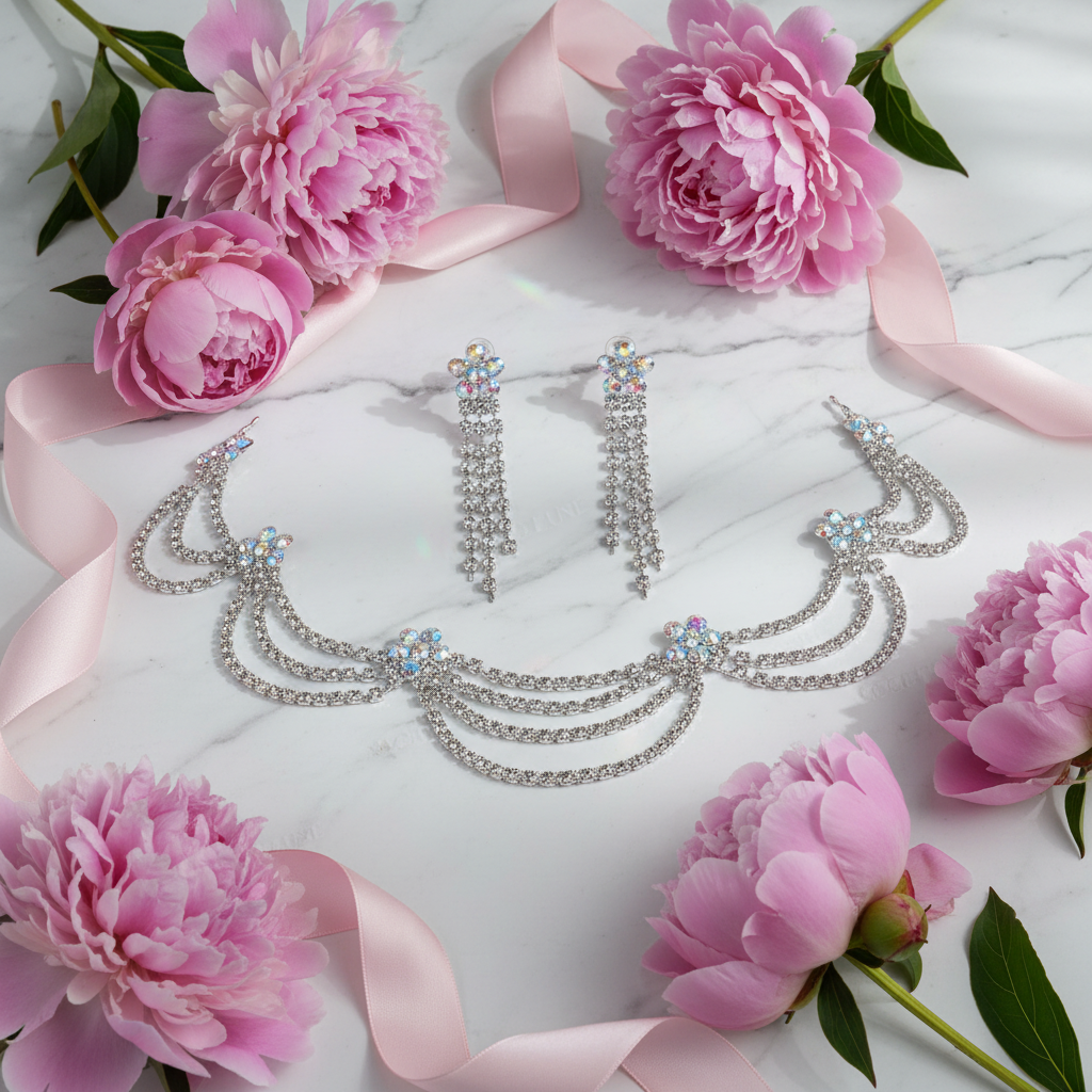 Parure en strass blancs et petites fleurs aurore boréale nacrelune.com parure