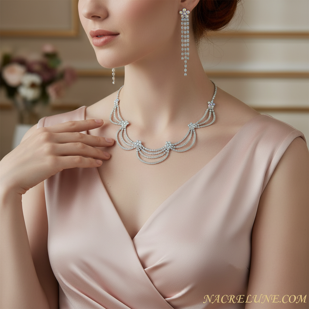 Parure en strass blancs et petites fleurs aurore boréale nacrelune.com parure