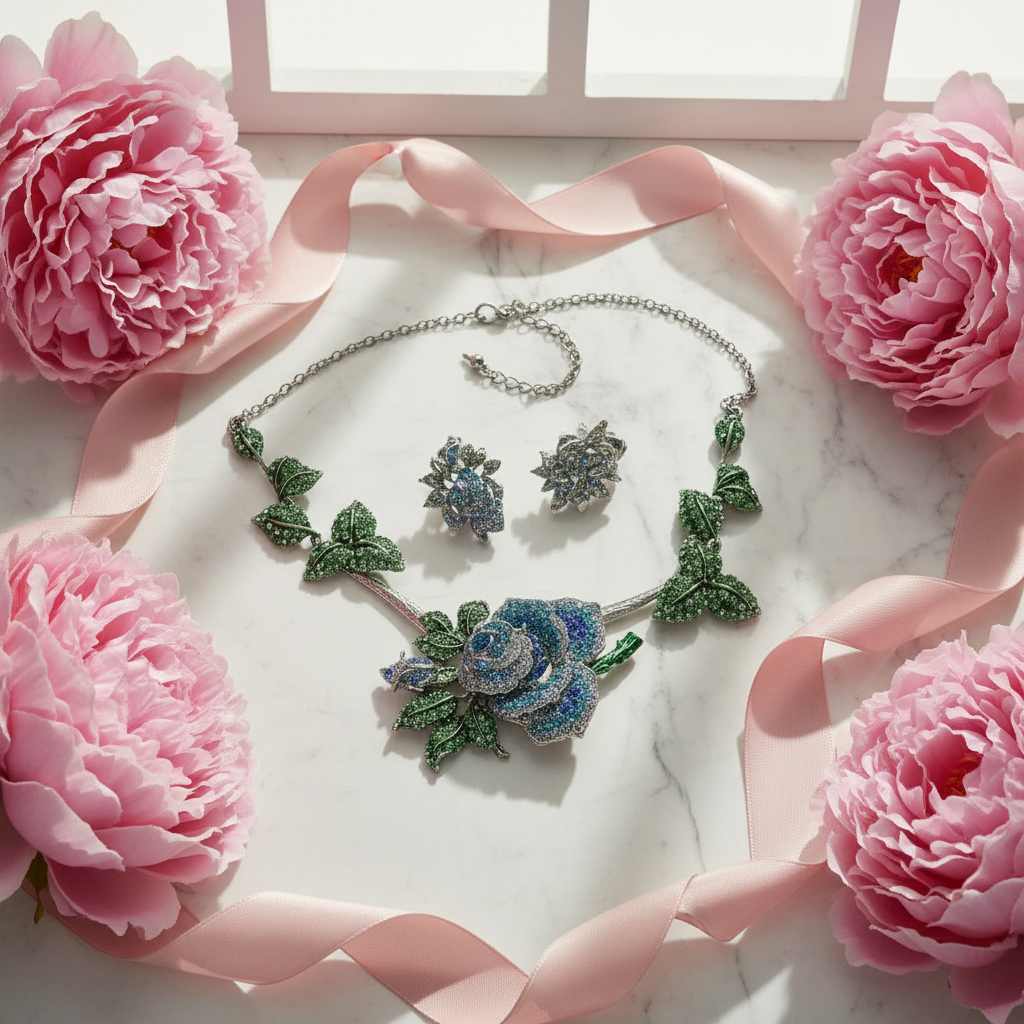 Parure en strass représentant des roses bleues nacrelune.com parure