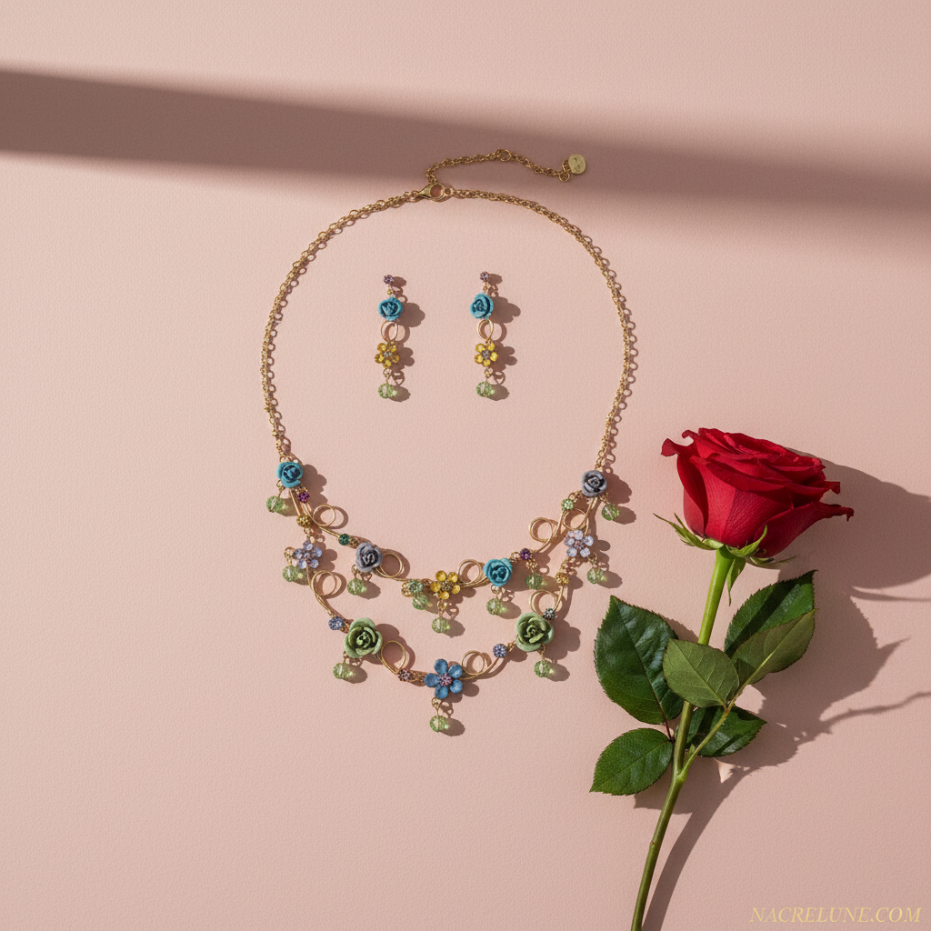 Parure en strass colorés avec petites roses nacrelune.com parure