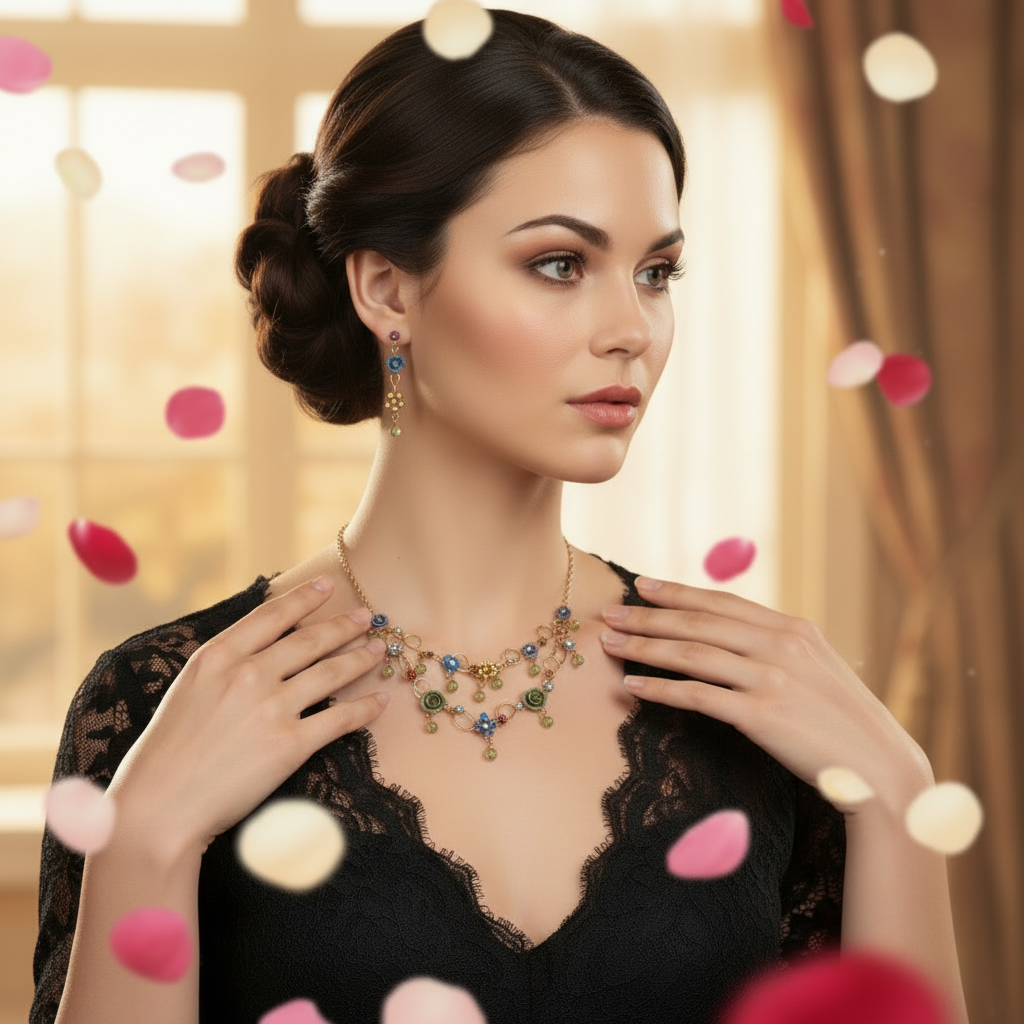 Parure en strass colorés avec petites roses nacrelune.com parure