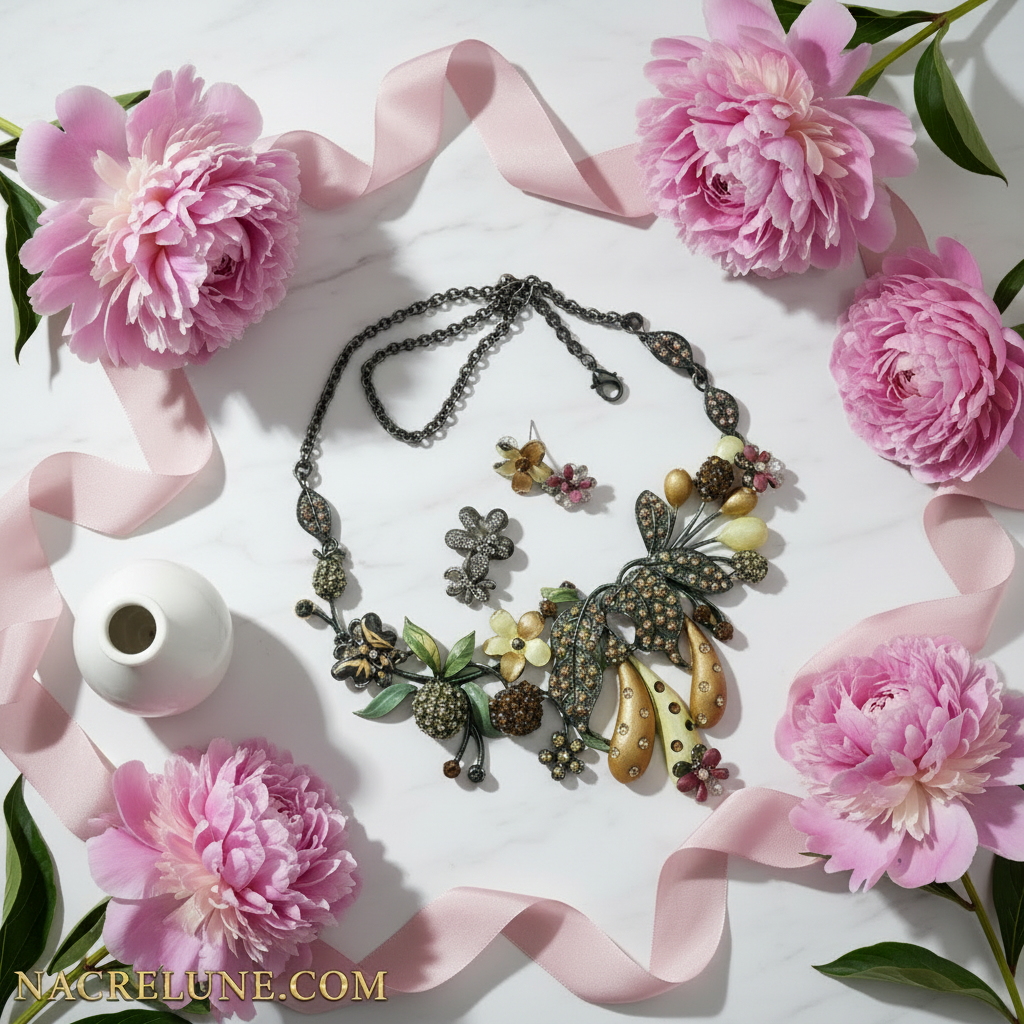 Parure fleurs et fruits en émail nacrelune.com parure