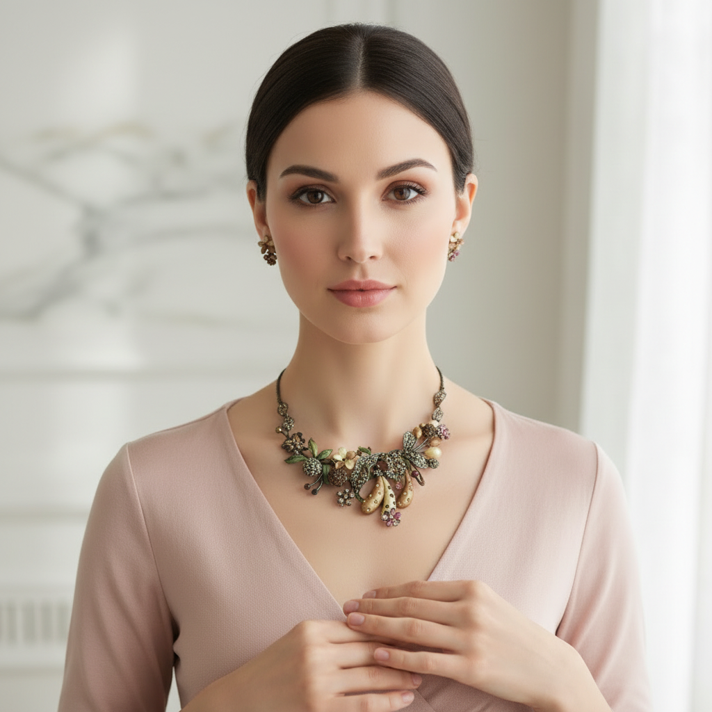 Parure fleurs et fruits en émail nacrelune.com parure