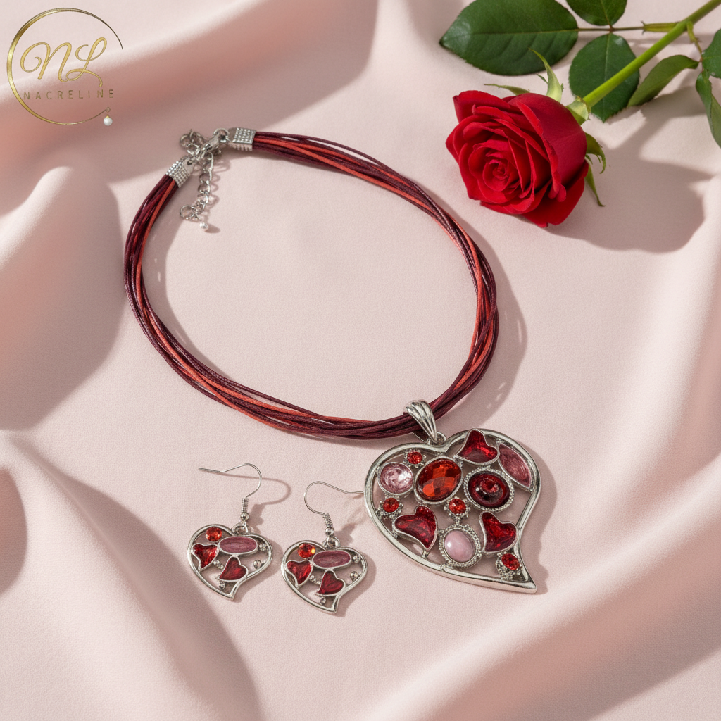 Pendentif en émail et strass en forme de coeur avec boucles assorties nacrelune.com parure