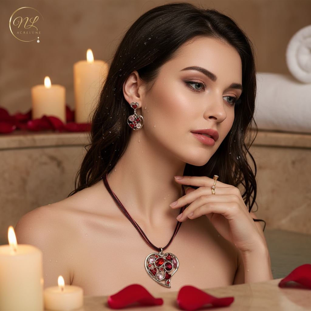 Pendentif en émail et strass en forme de coeur avec boucles assorties nacrelune.com parure