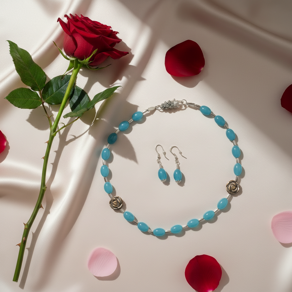 parure en perles de quartz bleus et fleurs sculptées en oeil du tigre Bleu nacrelune.com parure