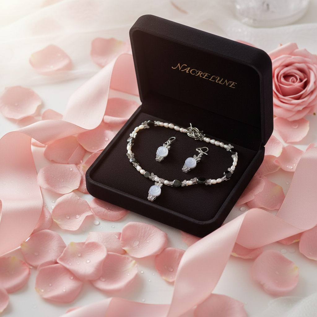 parure en perles d'obsidienne et fleurs sculptées en oeil de chat avec perles de culture nacrelune.com parure