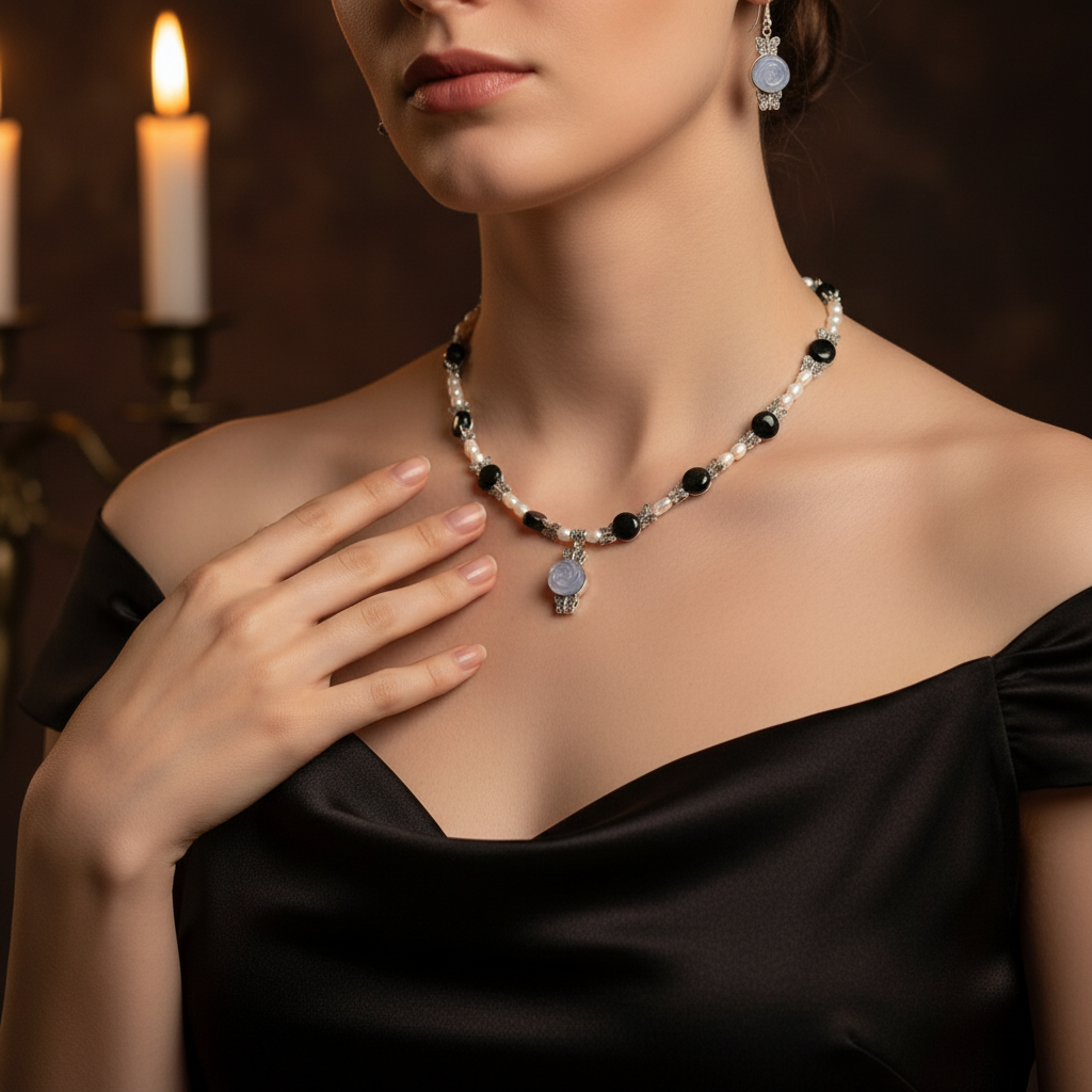 parure en perles d'obsidienne et fleurs sculptées en oeil de chat avec perles de culture nacrelune.com parure