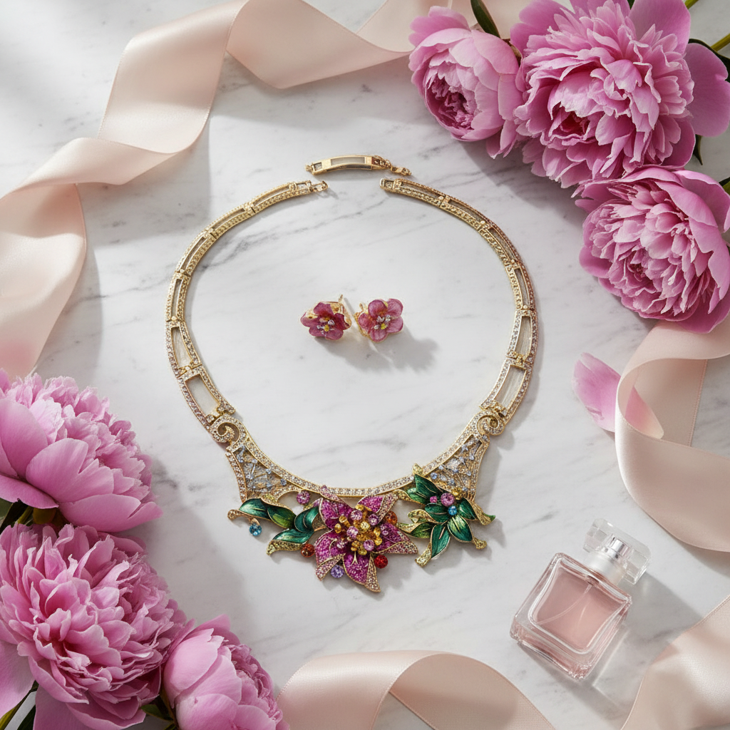 Parure avec grande fleur rose strass et émail nacrelune.com parure