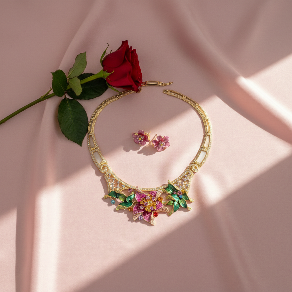 Parure avec grande fleur rose strass et émail nacrelune.com parure